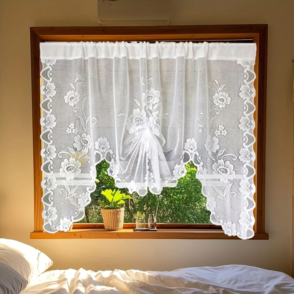 Cortina transparente arqueada de renda branca, cortina bordada floral, camada de valance para porta, cozinha, banheiro, janela, haste, bolso superior