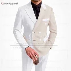 Elegant Men Suit Sets Wedding Banquet Groomsman Fashion Tuxedos Homecoming Formal Beige White Splicing Blazer Pants Two Pieces