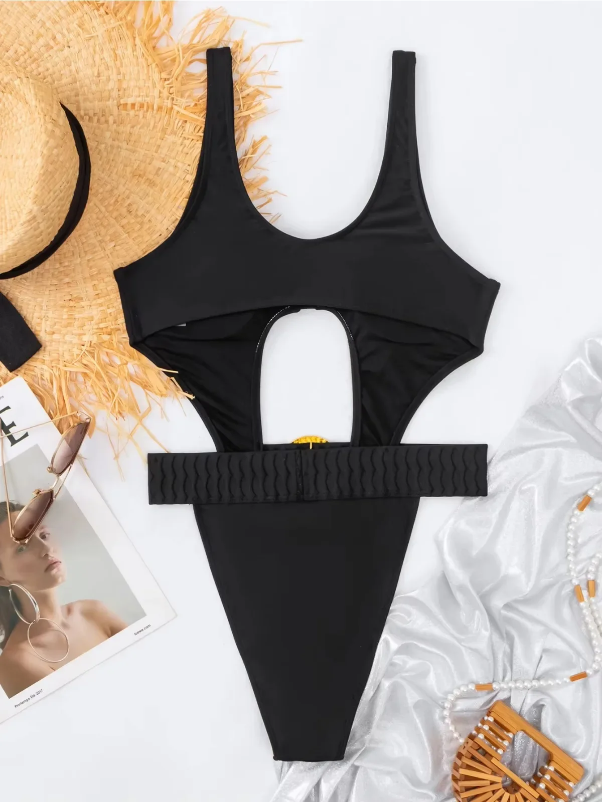 Costume da bagno intero da donna a vita alta nero tinta unita, bikini sexy scavato con nuova cintura 20225, costumi da bagno estivi per le vacanze al mare