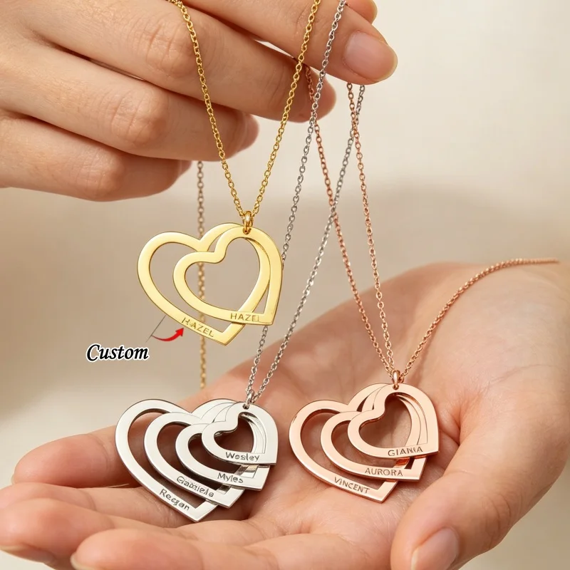 Collier personnalisé avec nom gravé en forme de cœur, bijoux en acier inoxydable personnalisés, cadeau d'amour familial pour femmes, cadeau d'anniversaire