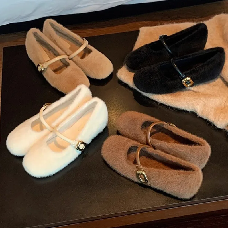 2025 New Elegant Buckle Strap Fur Mary Jane Shoes Woman Cosy Soft Fluffy Ballet Flat Ladies Plush Internal Increase Dress Shoes