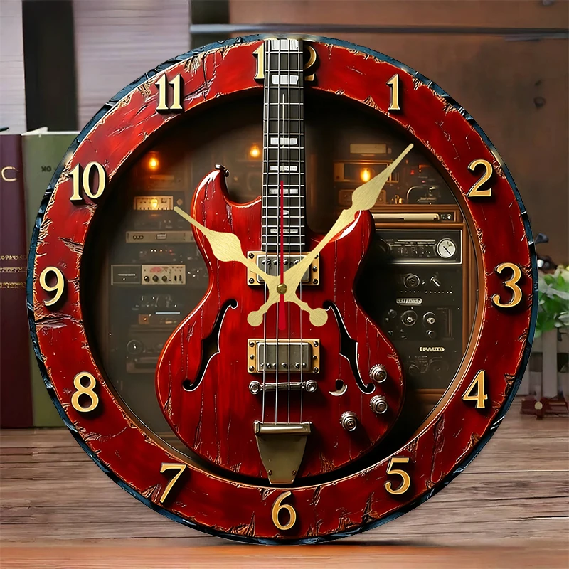 Vintage Guitar Wooden Round Silent Hanging Wall Clock, Suitable For Living Room, Office, Study Room, Bedroom, Home Decoration