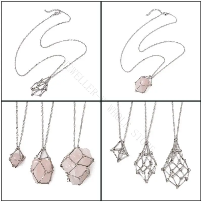 R7UF 3pcs Empty Crystal Holder Cage Necklace Stackable Neck Chain Gift for Men Women