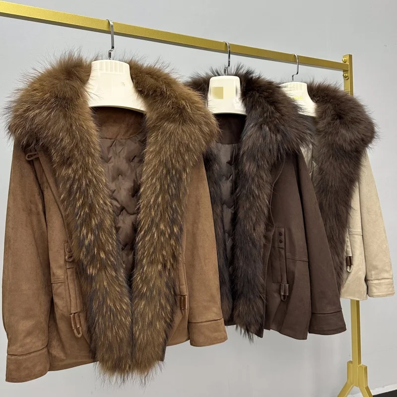 Women White Goose Down With Detachable Real Raccoon Fur Collar Winter Warm Fur Parka Oversized Windproof Horn Button Outerwear