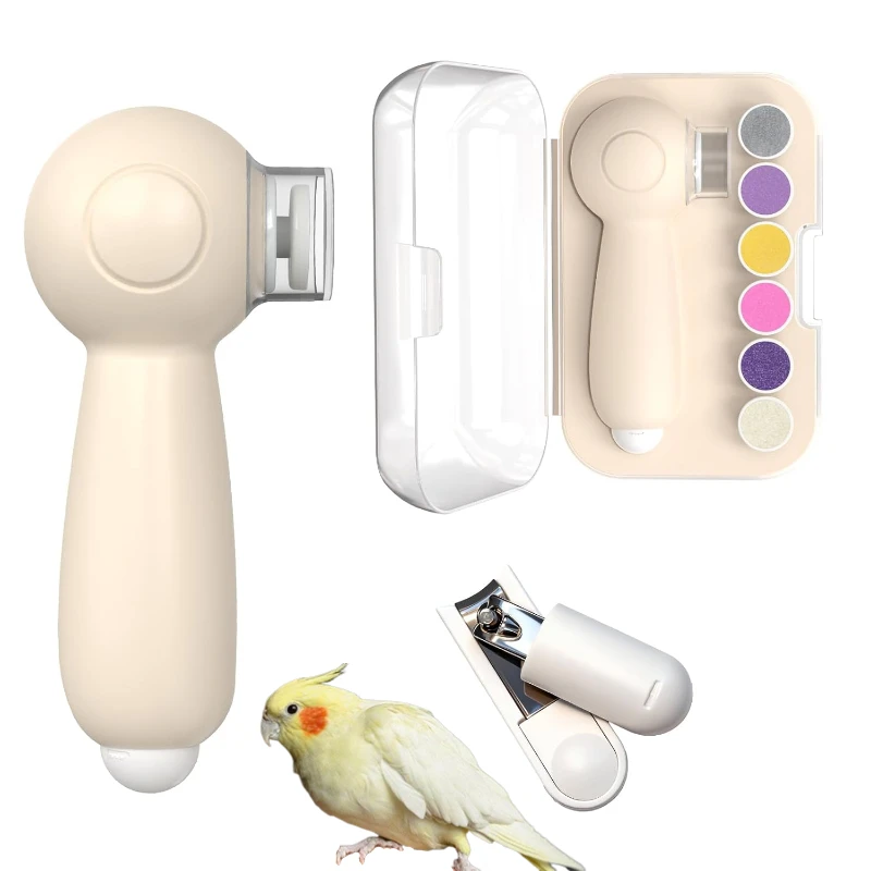 2-in-1 Bird Electric Nail File 6 Replaceable Grinding Pads Hidden Nail Clipper 360° Soft Light USB Charge Quiet Nail Trimmer