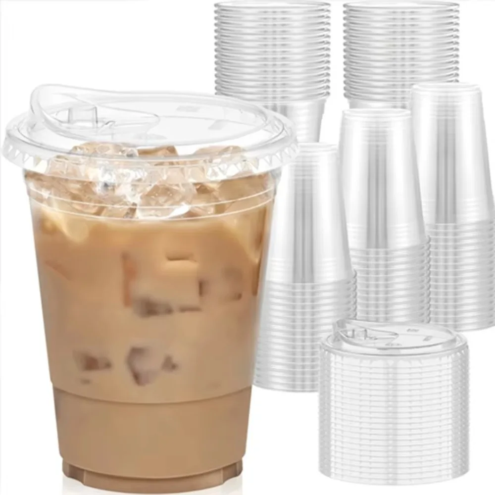 10 Stück 16oz durchsichtige Plastikbecher mit Deckel, Einwegbecher für Eiskaffee, Bubble Tea, Smoothie, auslaufsichere To-Go-Becher