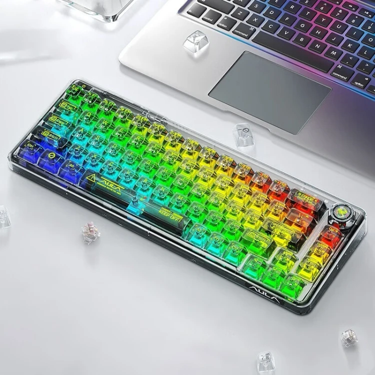 

2024 New AULA F68 60% Compact Transparent Wireless Mechanical Keyboard RGB Backlit Wireless Wired Gaming Keyboard For Laptop