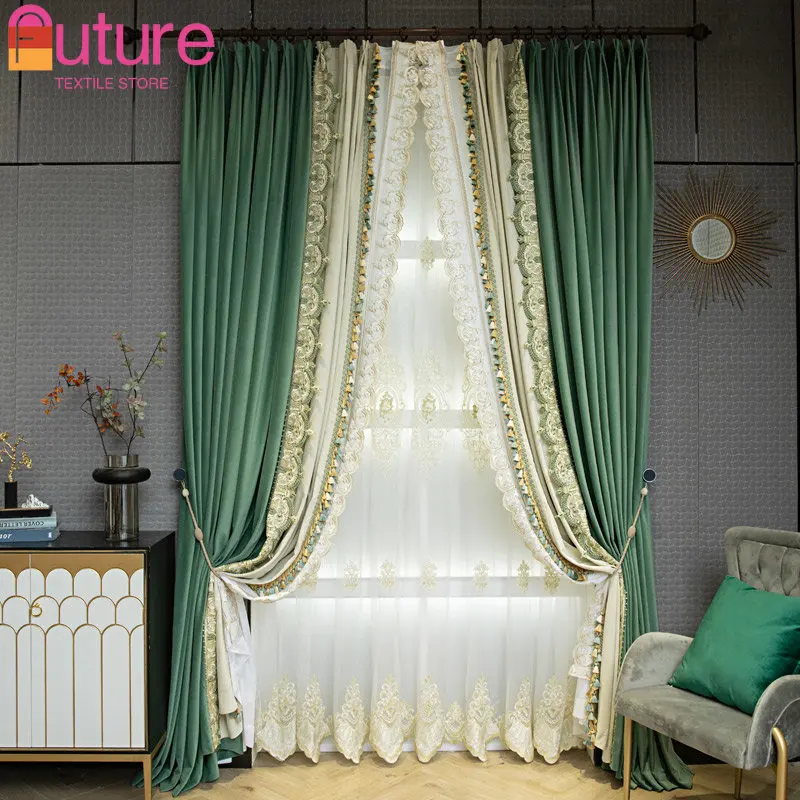 

New French Light Luxury Green Velvet Lace Panel Blackout Curtain Curtains for Living dining room bedroom