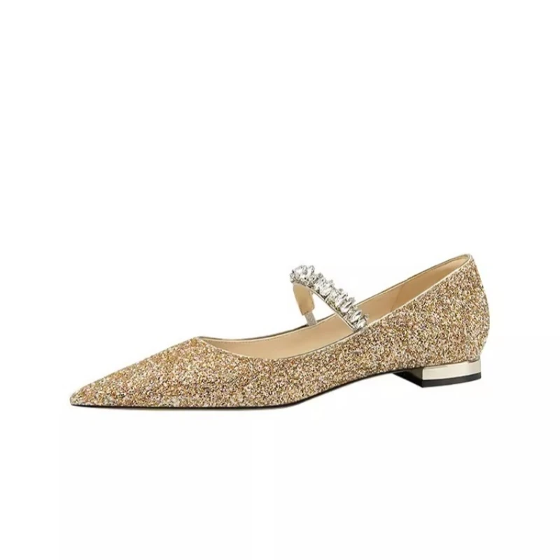 Spring/Summer Pointed Shallow Mouth Water Diamond with Sequins Low Heel Shoes Flat Banquet Dress Large and Small Women's Shoes