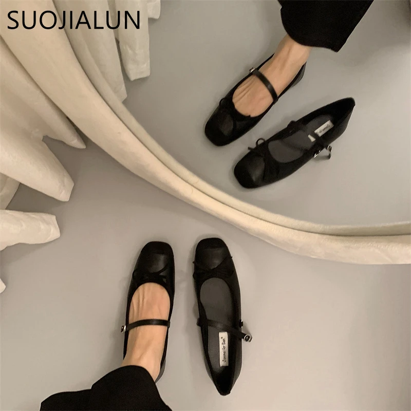 SUOJIALUN Women Flat Shoes Fashion Round Toe Shallow Slip On Ladies Soft Ladies Mary Jane Ballerinas Flat Heel Casual Ballet Sho