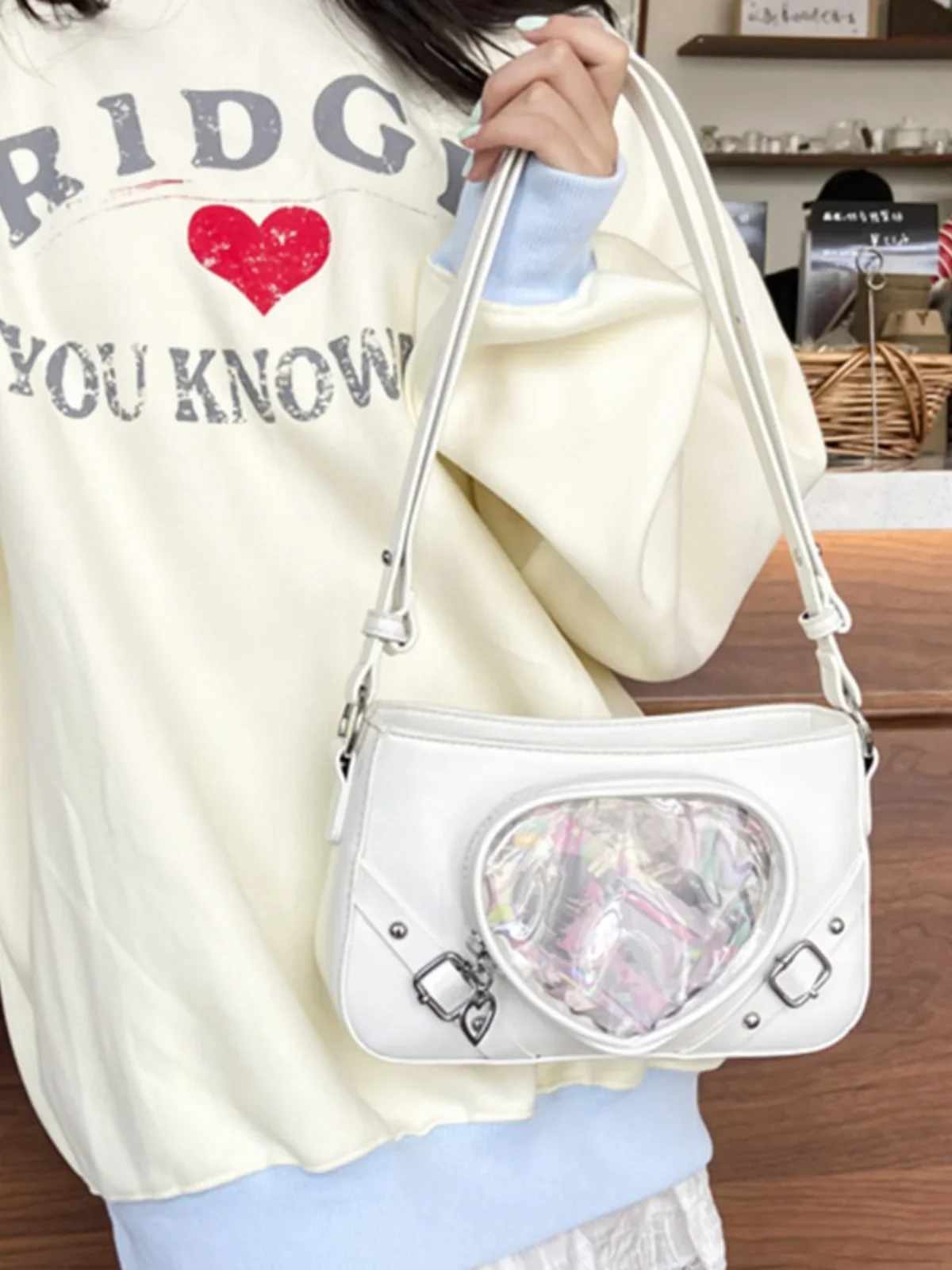 Cute Transparent Itabag Womens Shoulder Bag Japanese Casual PU JK Handbags Crossbody Bags Heart