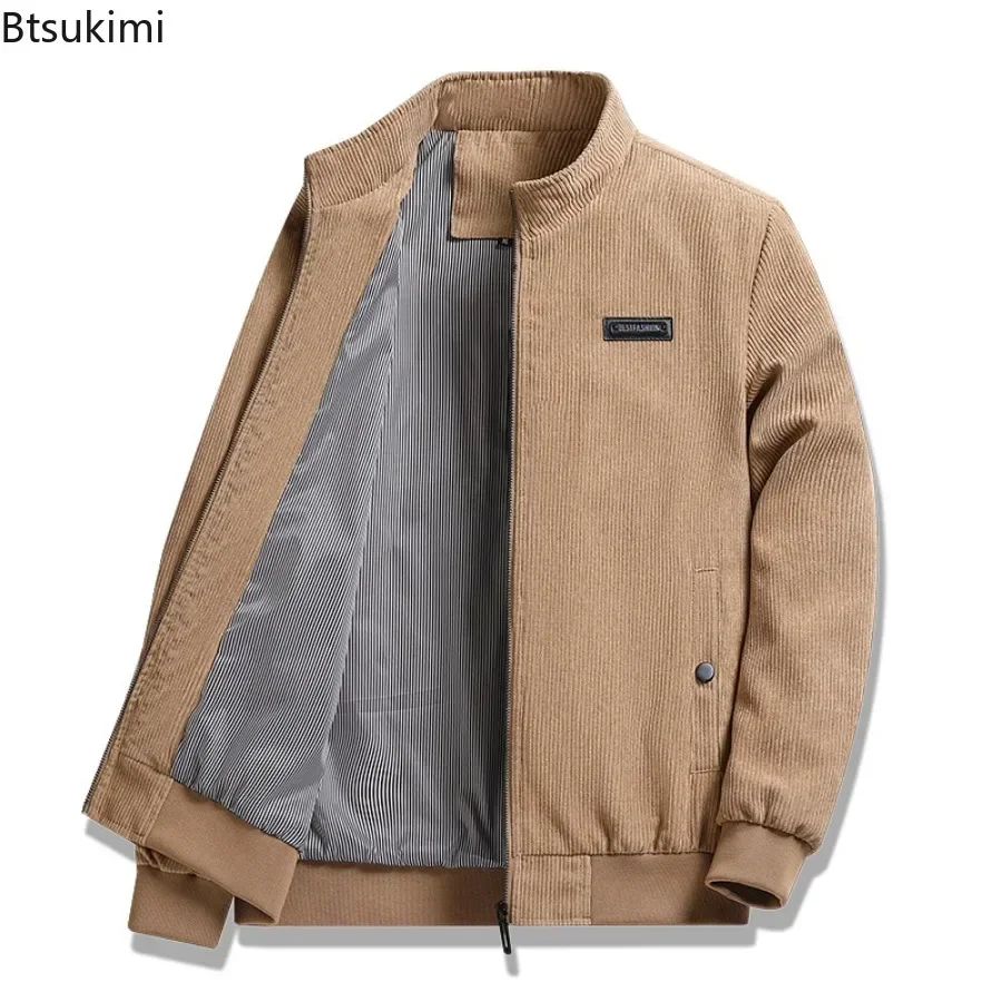 2024 Men\'s Casual Warm Jacket Spring Autumn Solid Color Stand Bomber Coat Men Corduroy Outwear Fashion Zipper Slim Jacket Men