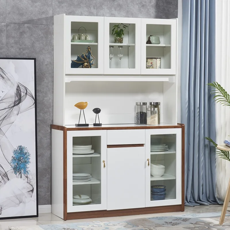 Luxury Italian Fashion White Lacquer Design Glass Door Rustic Mango Oak Sideboard Long Kitchen Storage Hutch Cabinet for Corner