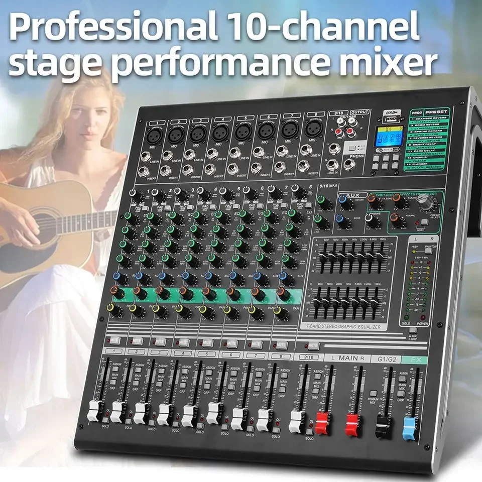 OEM DX10C Professional 48V Phantom Power Sound Card USB 10 Channel Audio Mixer For Stage Performance