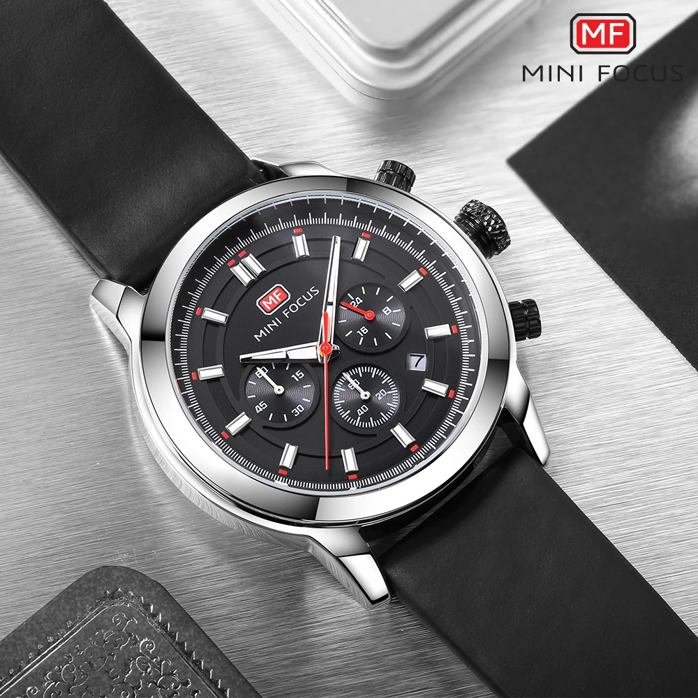 

MINI FOCUS Classic Business Automatic Mens Watch Calendar Luxury Brand Black Leather Strap Fashion Silver Quartz Watches