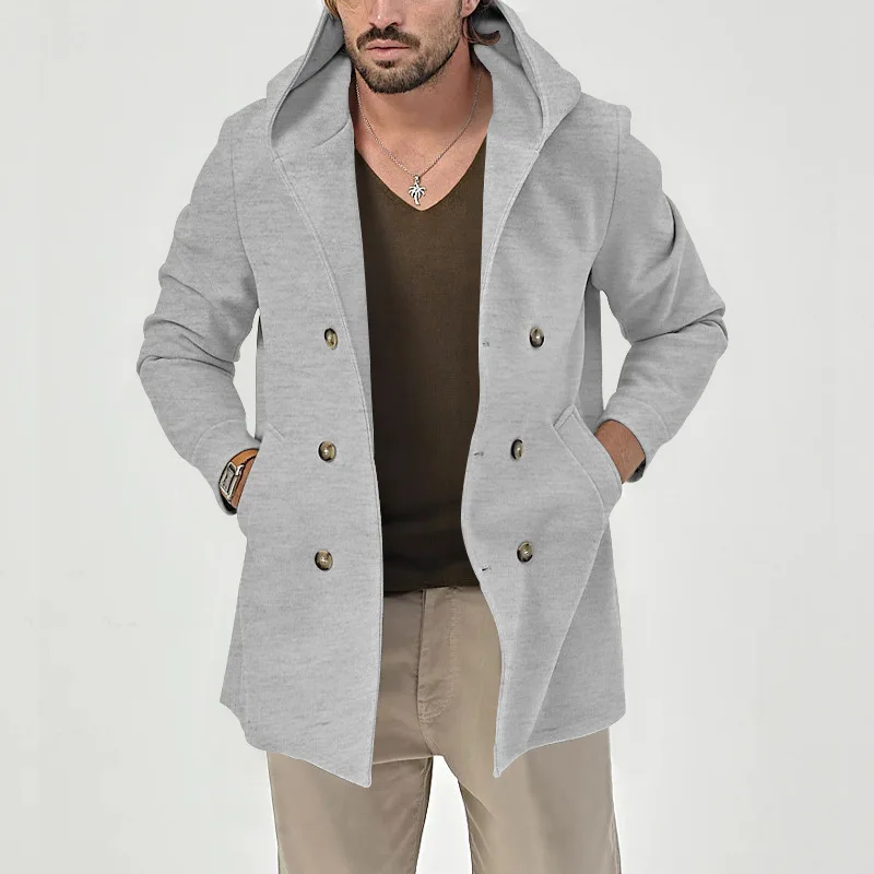 Autumn 2023 New Men Trench Coat Jacket Mid-length Hooded Double-breasted Casual Menswear Spring Cardigan Male Tops