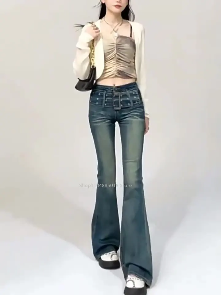 

Harajuku Y2k Washed Distressed Gradient Flare Jeans Women High Waist American Retro Straight Tight Jeans Hot Girl Denim Trousers