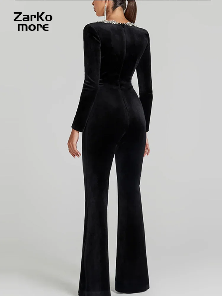 Square Collar Diamond Women Jumpsuit Solid High Waist Female Jumpsuits 2025 Fashion Sexy Slim Long-sleeved Lady Party Rompers