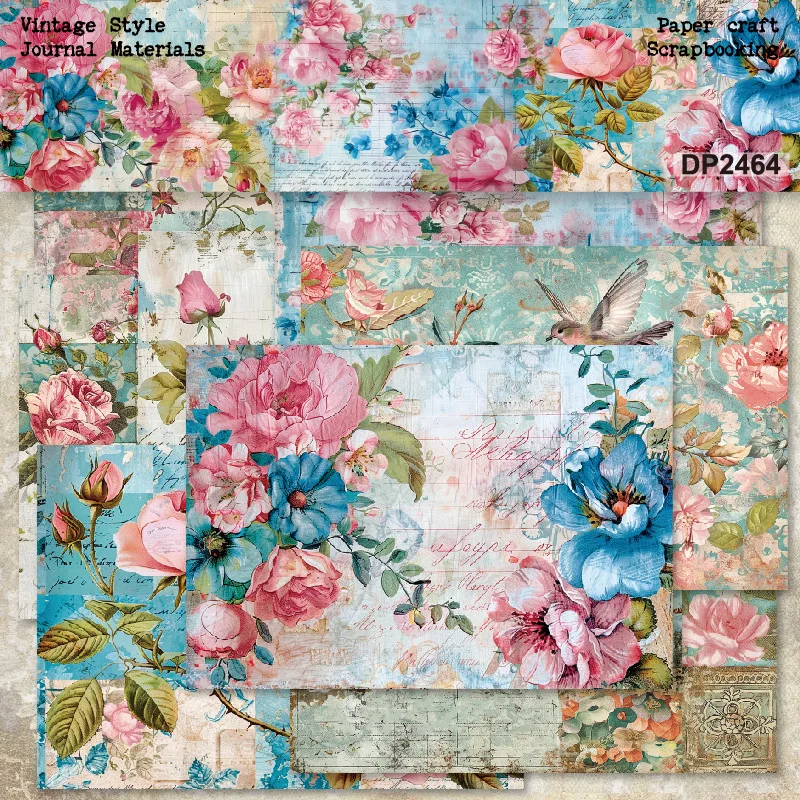 Vintage Floral Bird Texture Print Sheet Scrapbook Paper Junk Journal DIY Collage Album Decoupage Handcraft Embellishment Decor