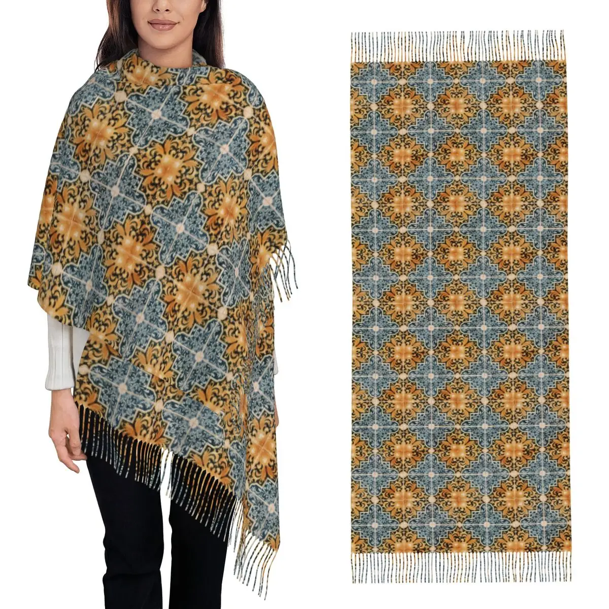 

Portuguese Tile Portugal Azulejo Flower Scarf Tassel Scarves Women Soft Warm Shawls and Wraps Long Fall Winter Shawl Wrap