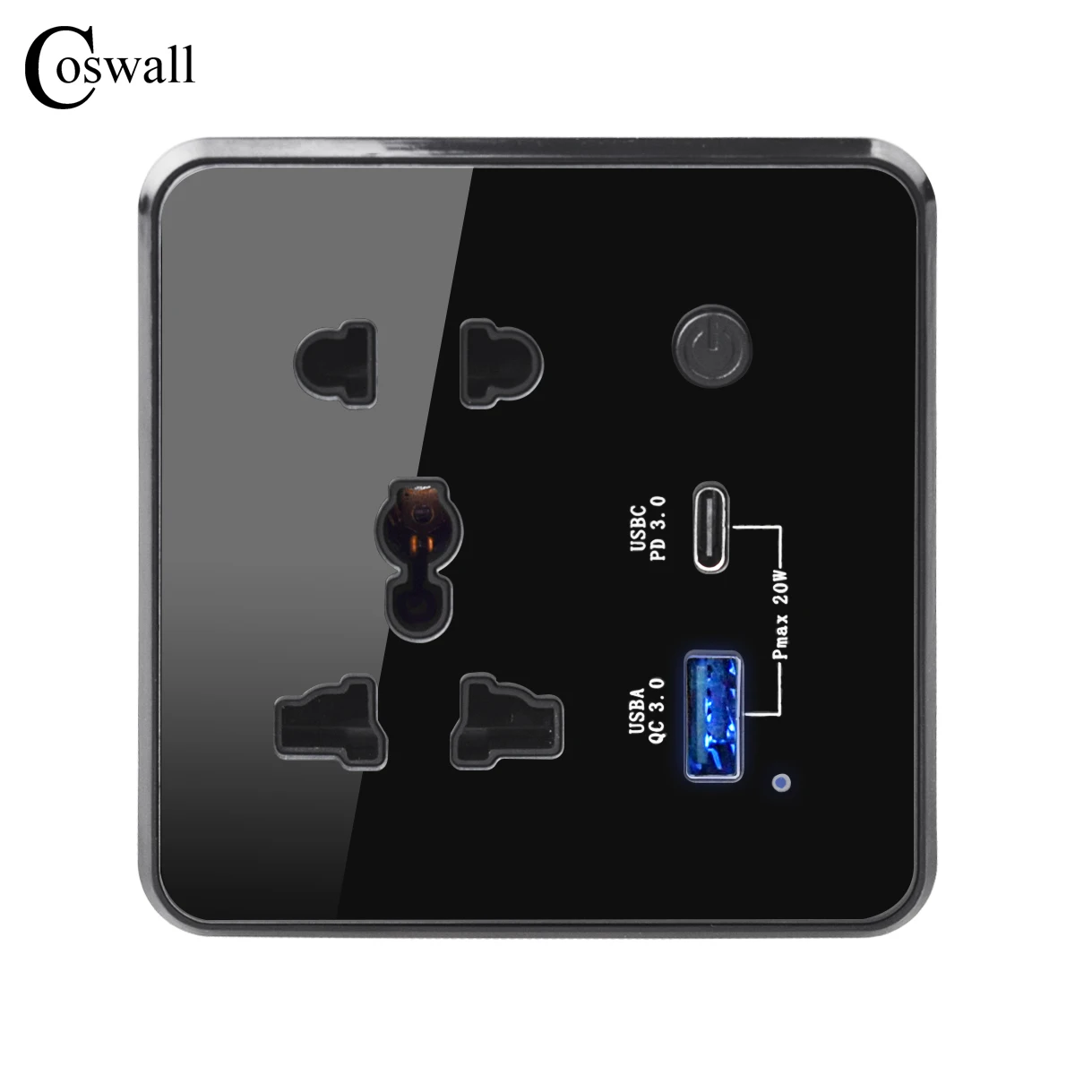 Coswall Glass Panel Universal Socket +Dual USB 20W Type-C Fast Charger QC 3.0 DC 5V/9V/12V Output With Physical key Main Switch