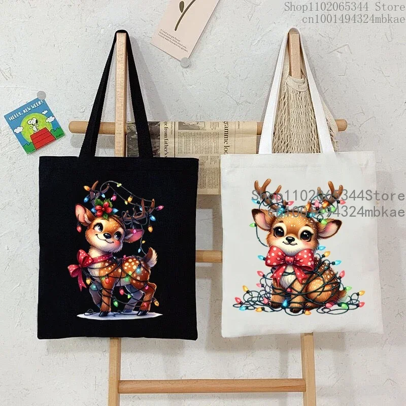 Cartoon Elk Deer Christmas Gift Women's Handbags Funny Animal Xmas Canvas Tote Bags Merry Christmas Portable Happy New Year Bags