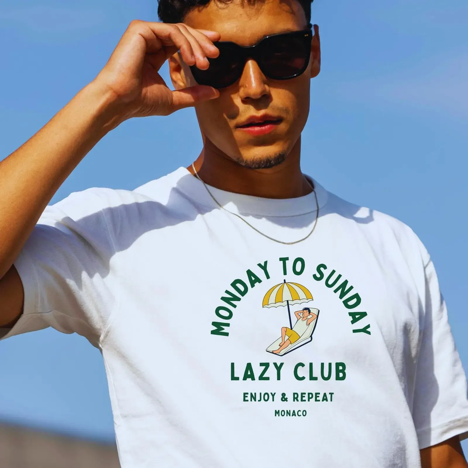 Monaco Lazy Club Monday to Sunday T Shirt Men's Relaxed Fit Beach Resort Vintage Summer Vacation Casual for Him vintage Washed