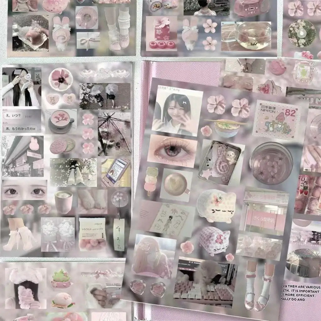8 Pieces of Pink Mist Comic Cut Film Stickers, Healing Cute Pink Ins Style Japanese Style Packaging Material Waterproof Stickers