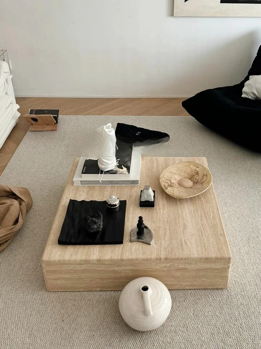 A  Nordic natural cave stone square coffee table minimalist small apartment villa cave stone square table marble coffee table