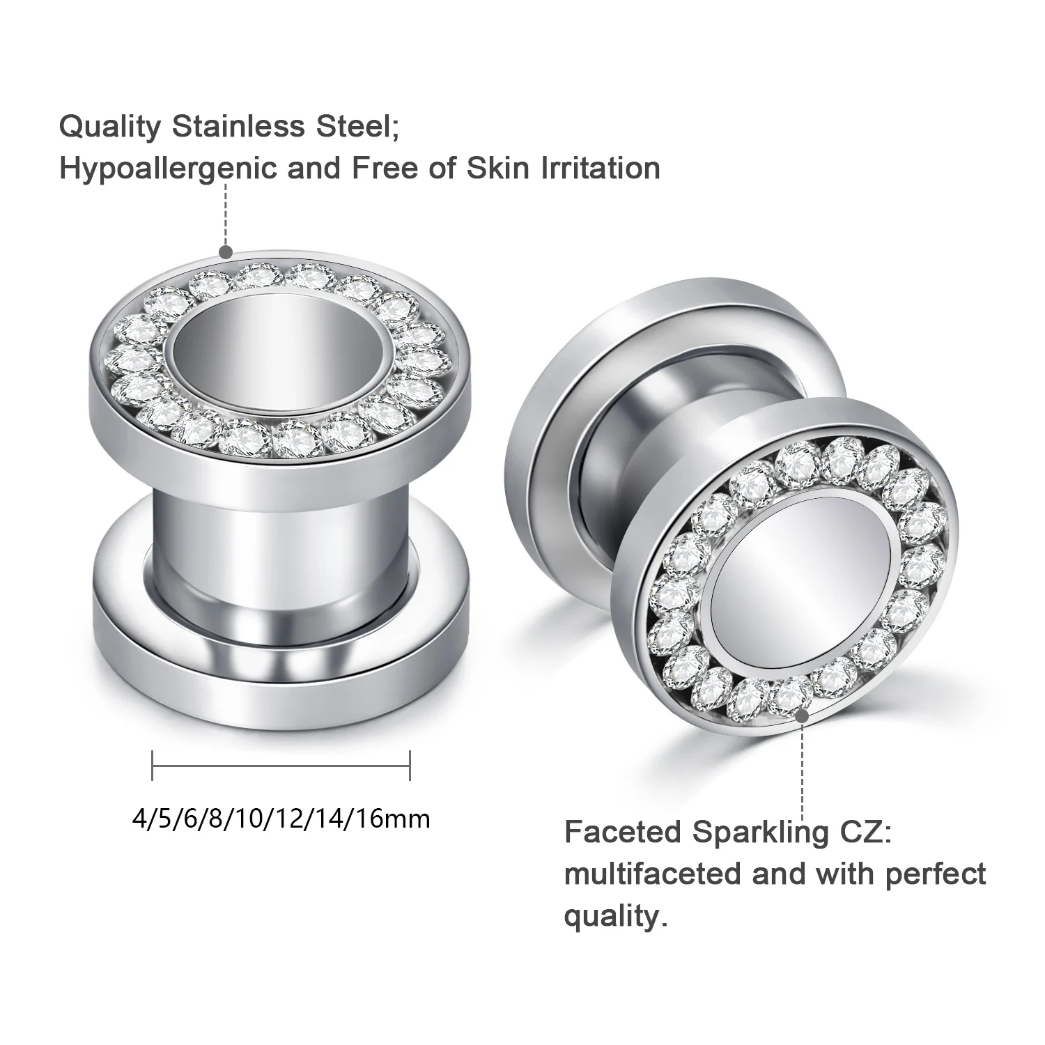 1Pair Stainless Steel Ear Plugs, Rhinestone Ear Expander, Ear Tunnels Plug Screw Body Piercing Jewelry For Women Men 4-16mm