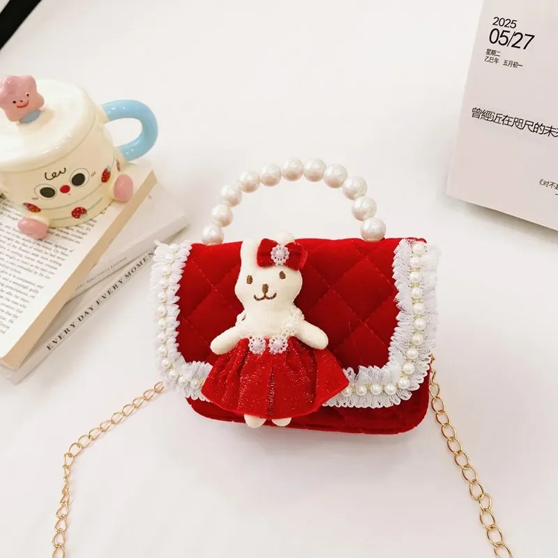 Alta luxo graça vermelho bebê menina princesa bolsa 3d boneca pérola arco presentes de ano novo para crianças turista jardim de infância crossbody saco