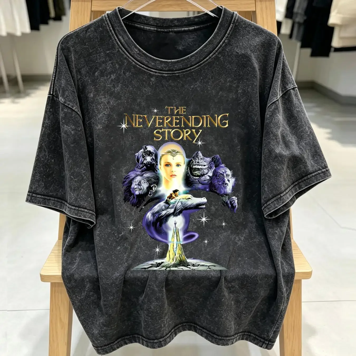 washed T Shirt The Neverending Story V3 Movie Poster Colors Black All Sizes S to 5XL long or short sleeves vintage Washed