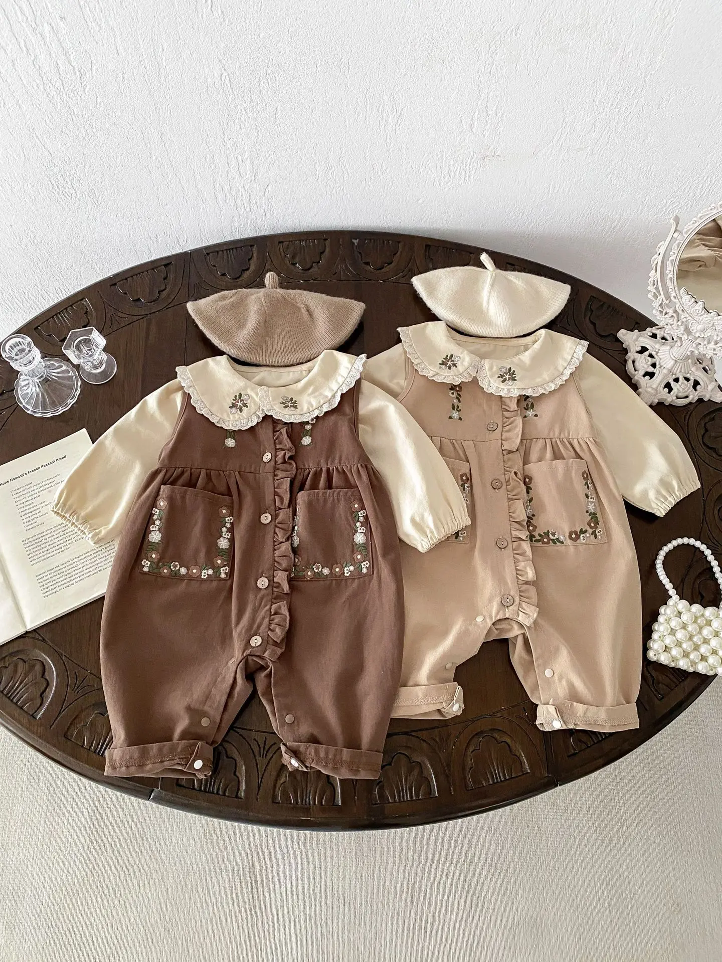 2024 Autumn New Baby Girl Sleeveless Romper Cotton Toddler Girls Casual Pocket Overalls Infant Flower Embroidery Lace Jumpsuit