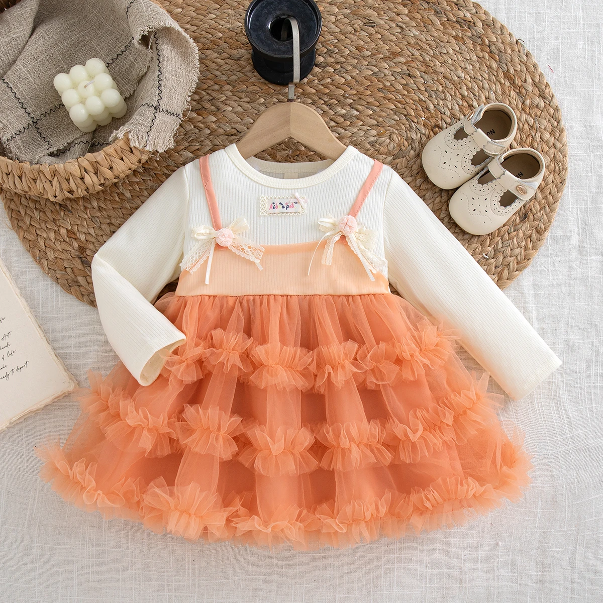 Toddler Girl Orange Dress Bow Lace Decor Long Sleeve Ruffle Tulle Dress Spring Fall Girl Party Outfit for 0-3Y