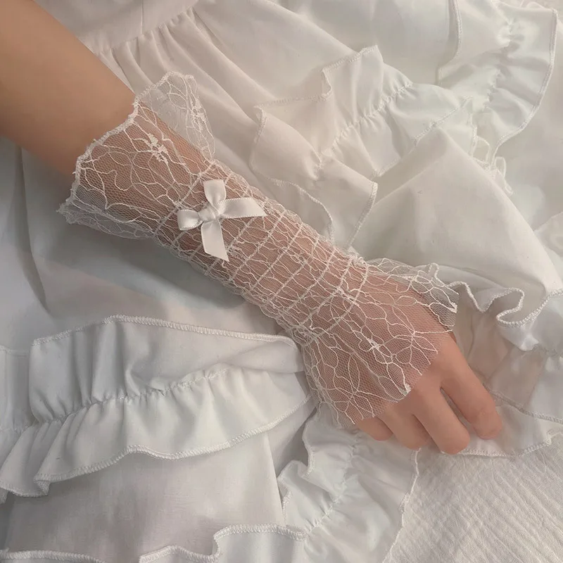 Sarung Tangan Berhias Renda Anak Perempuan Lolita Penutup Lengan Ultra Tipis Jaring Berongga Pita Sarung Tangan Aksesori Pengantin Gadis Manis Permainan Peran