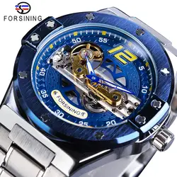 Forsining Brand Transparent Automatic Men Golden Bridge Mechanical Black Stainless Steel Band Skeleton Watches Relogio Masculino