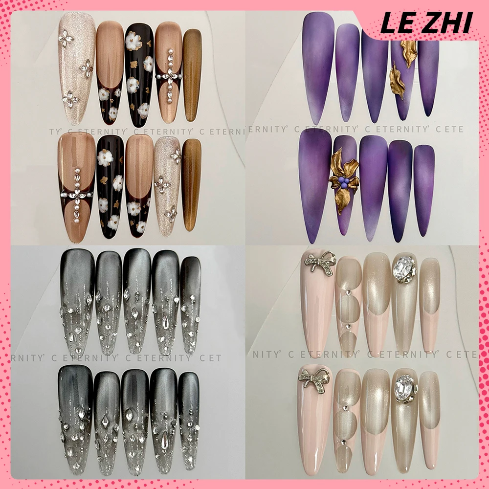 

High Quality Beautiful Handmade Long Coffin Stilettos Detachable Fake Nails Cat Eyes Diamond Flower Bowknot French Press On Nail