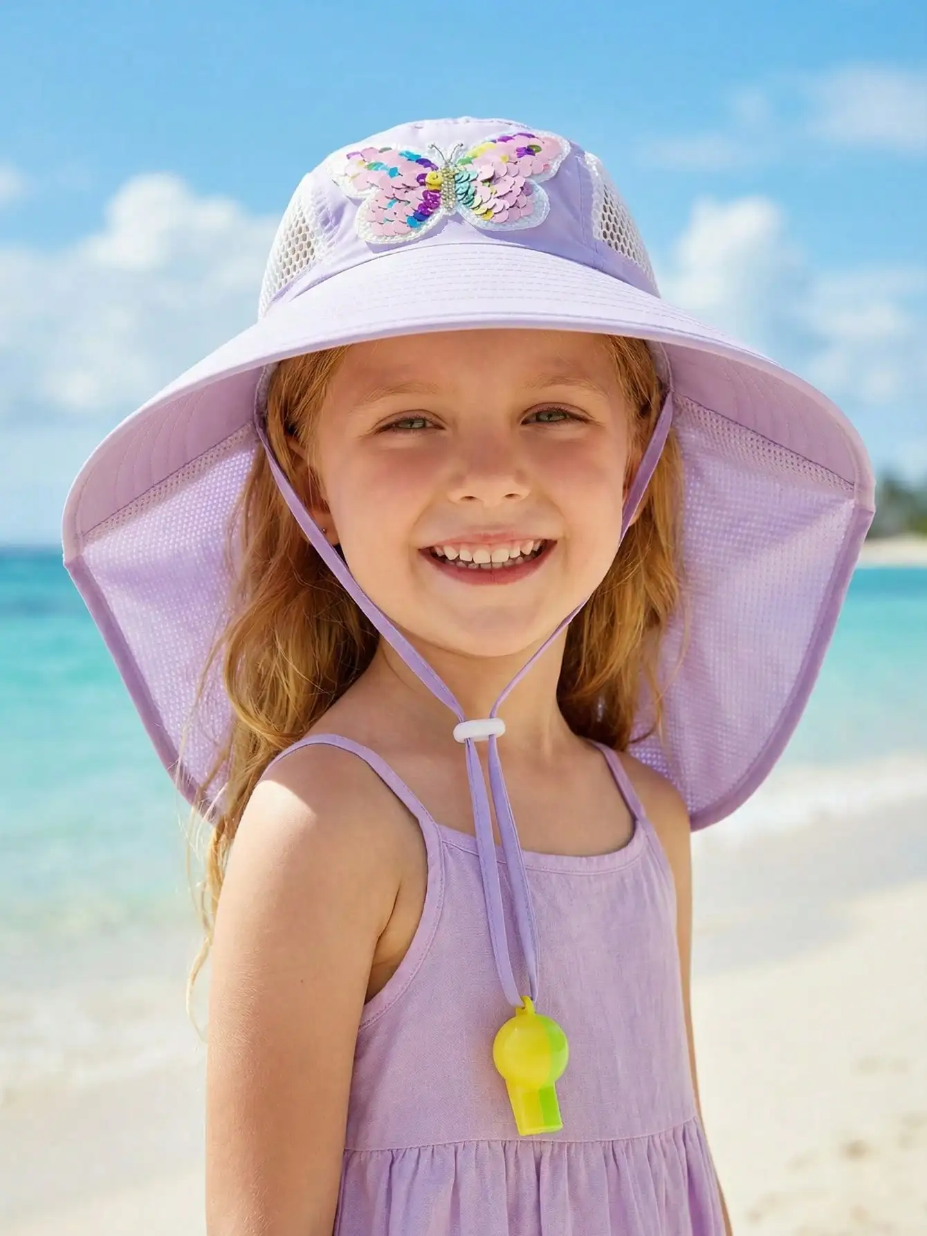 

1Pc 3-8Y Girls Sequined Butterfly Shawl Sun Hat Adjustable Rope Whistle Decor Summer Outdoor Beach Cap Random Whistle