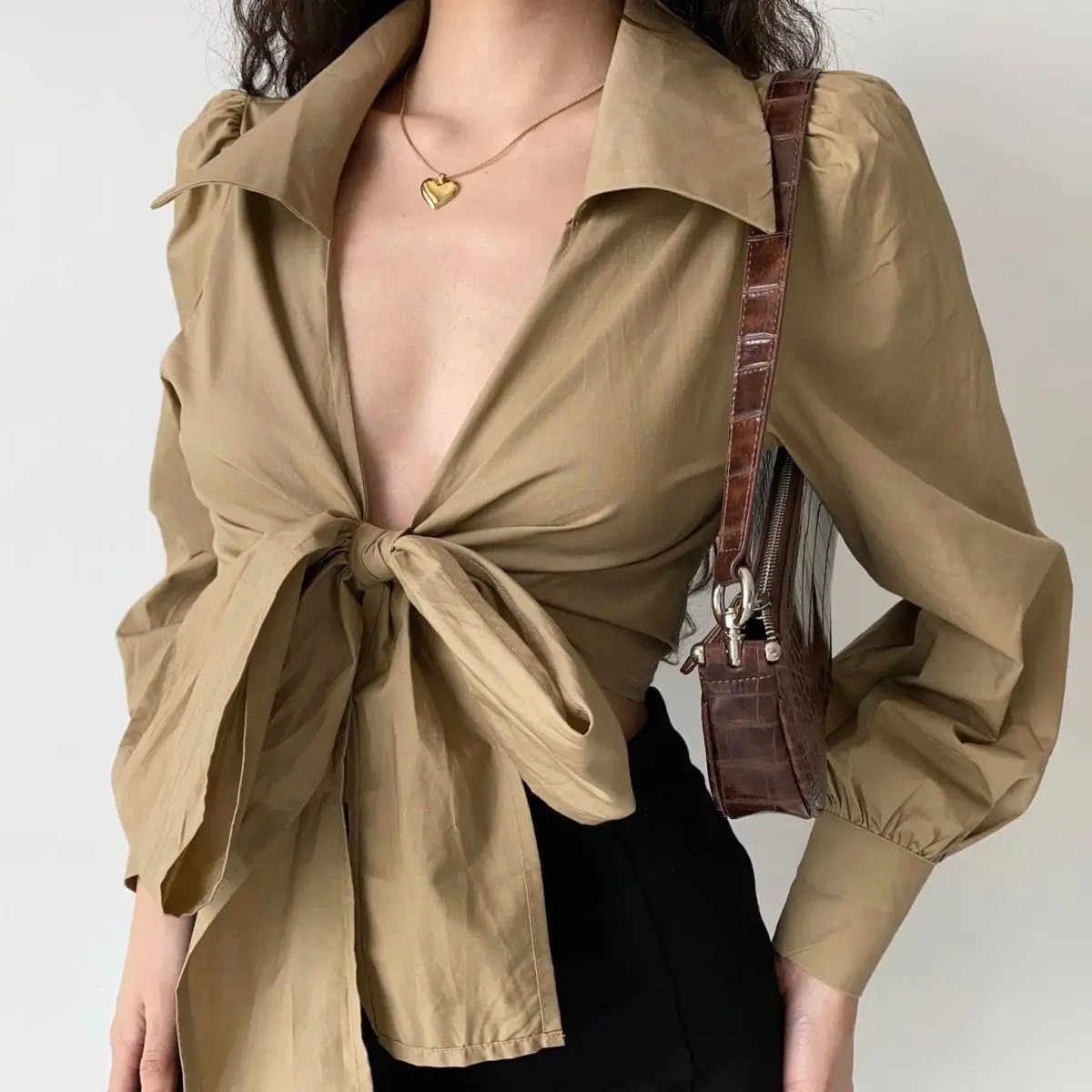 Elegant European Style Sexy Cross V-Neck Bow Tie Lantern Sleeve High Waist Short Crop Top with Lapel OL Streetwear Women's Shirt