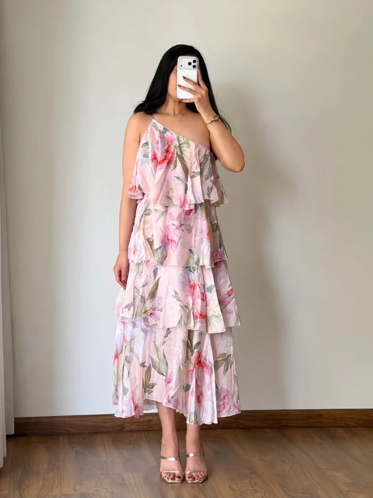 

Pink Floral One-shoulder Maxi Dress Women Ruffle Tiered Sleeveless Chiffon Sundress 2026 Lady New Casual Summer Beach Streetwear