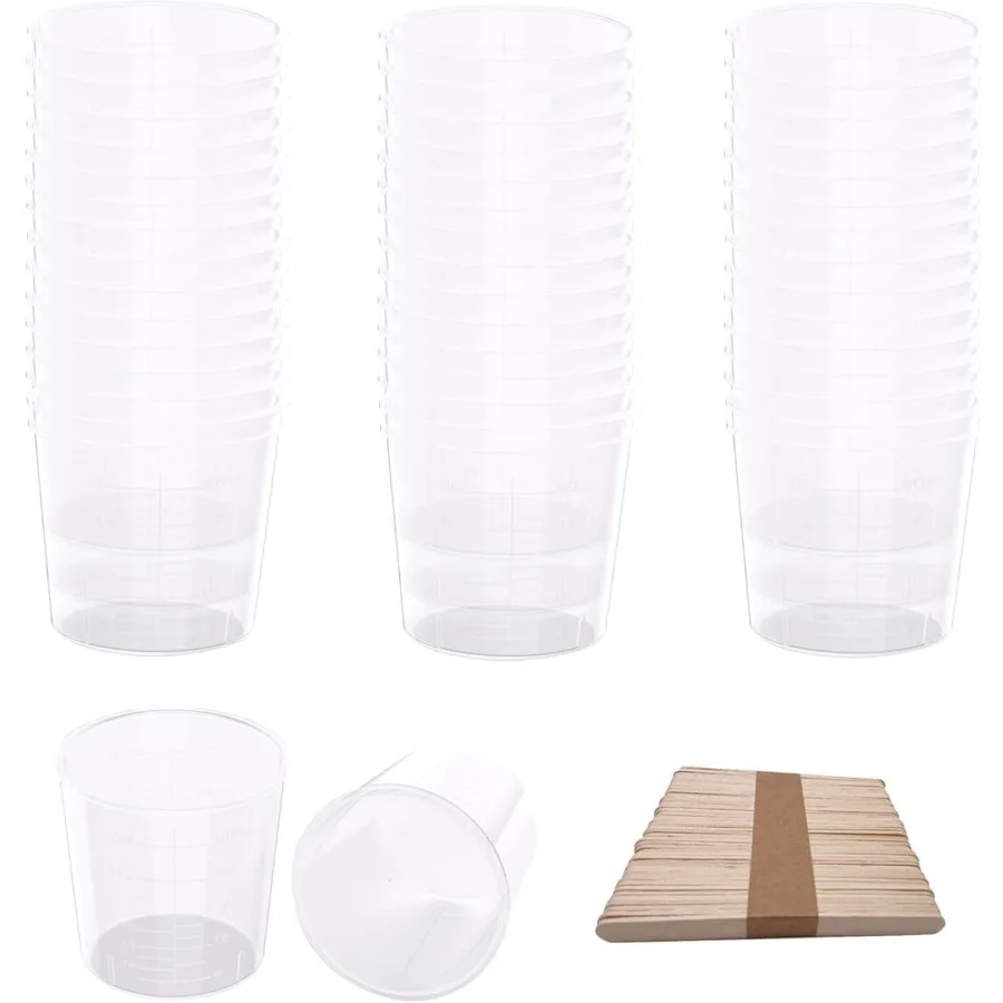 

30 Pack 2 Oue Plastic Graduated Cups 60 ml Transparent Scale Cups with 30 Pcs Wooden Stirring Sticks for Mixing Paint Stain Epo