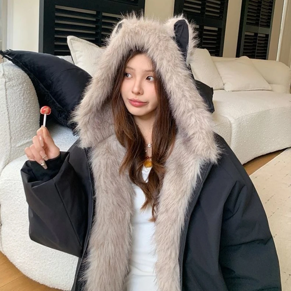 Parka Wanita Bergaya Retro Amerika Lengan Panjang Berkerudung dengan Telinga Kucing, Sweatshirt Manis Vintage Kerah Bulu Imitasi Warna Solid Musim Gugur 2025