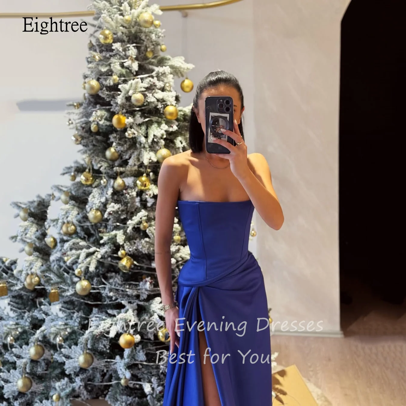 Eightree Royal Blue A Line Formal Prom Gowns Strapless Evening Dress Stain Side Slit Floor Length Party Dresses Customized