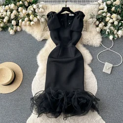 Women Chic Elegant Butterfly Bow V-Neck Spliced Mesh Sleeveless Bodycon Pencil Dress Sexy Evening Fashion Slim Hip Wrap Clothing