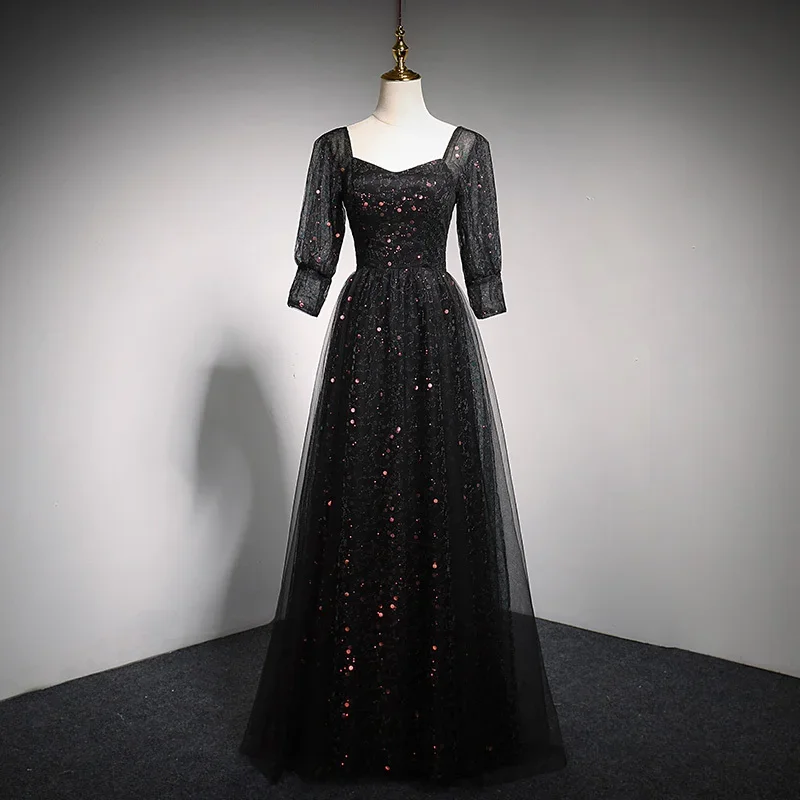 

Customized Evening Dress Black Sequins Square Collar Half Sleeves Floor-Length Lace Up A-Line Plus size Woman Party Formal Gwons