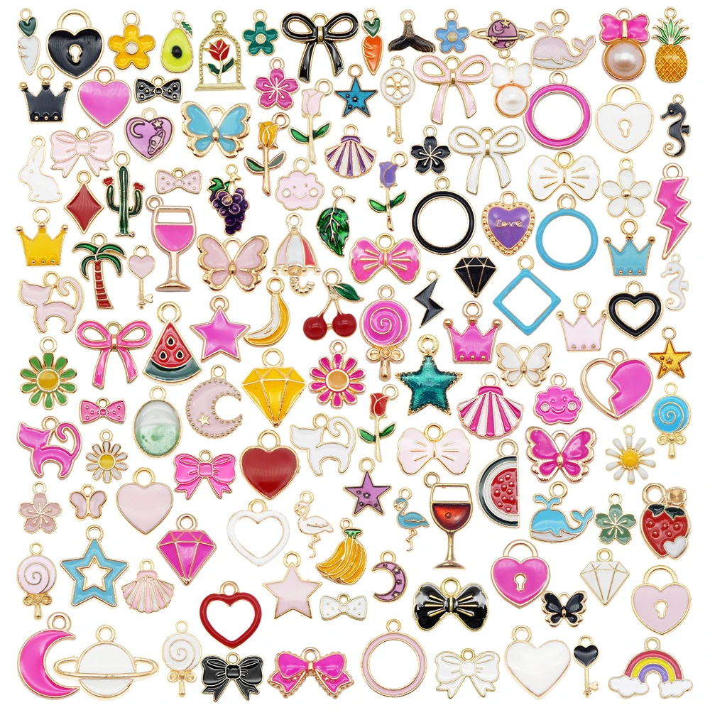 100pcs Mix Enamel Alloy Charms Heart Moon Star Bowknot Pendant Multicolor Accessories For Jewelry Making DIY Crafts Gifts 5-20mm