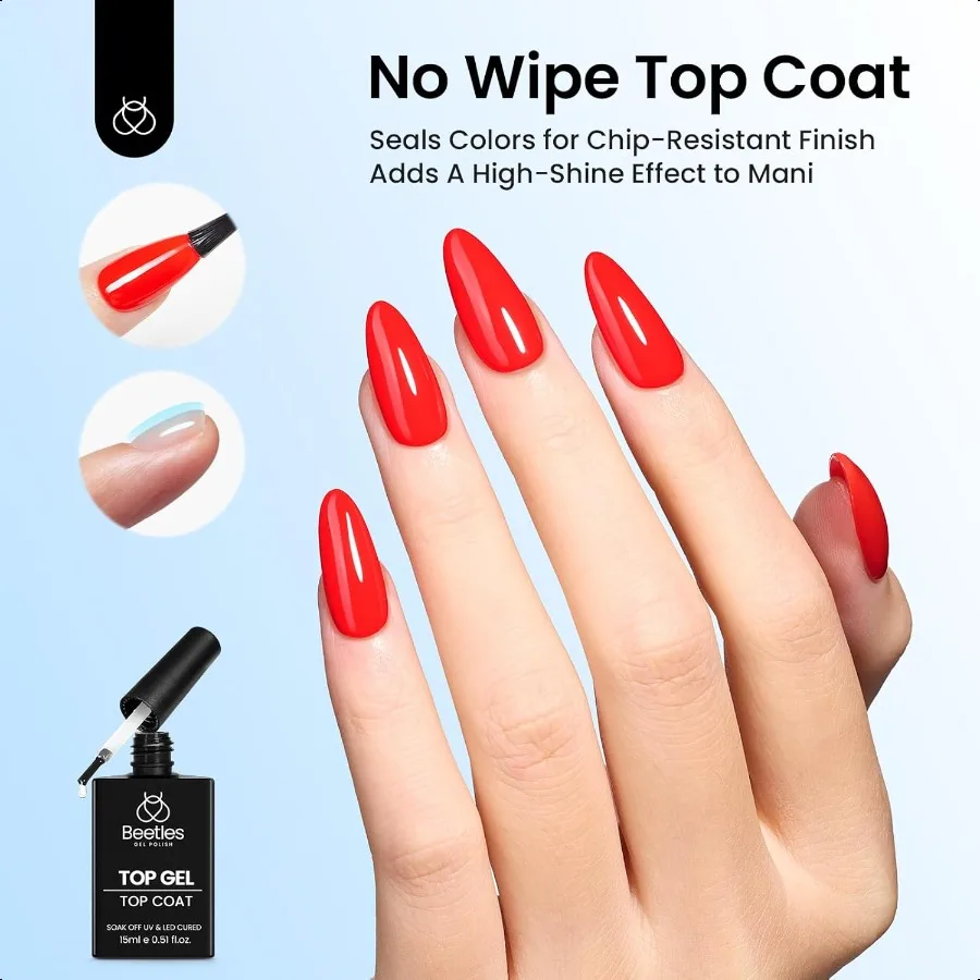 Beetles No Wipe Gel Top Coat e Base Coat Set per Smalto Gel 2 Pezzi 15ml Er Lucido e di Lunga Durata per Soak Off Lampada per Unghie a LED Na