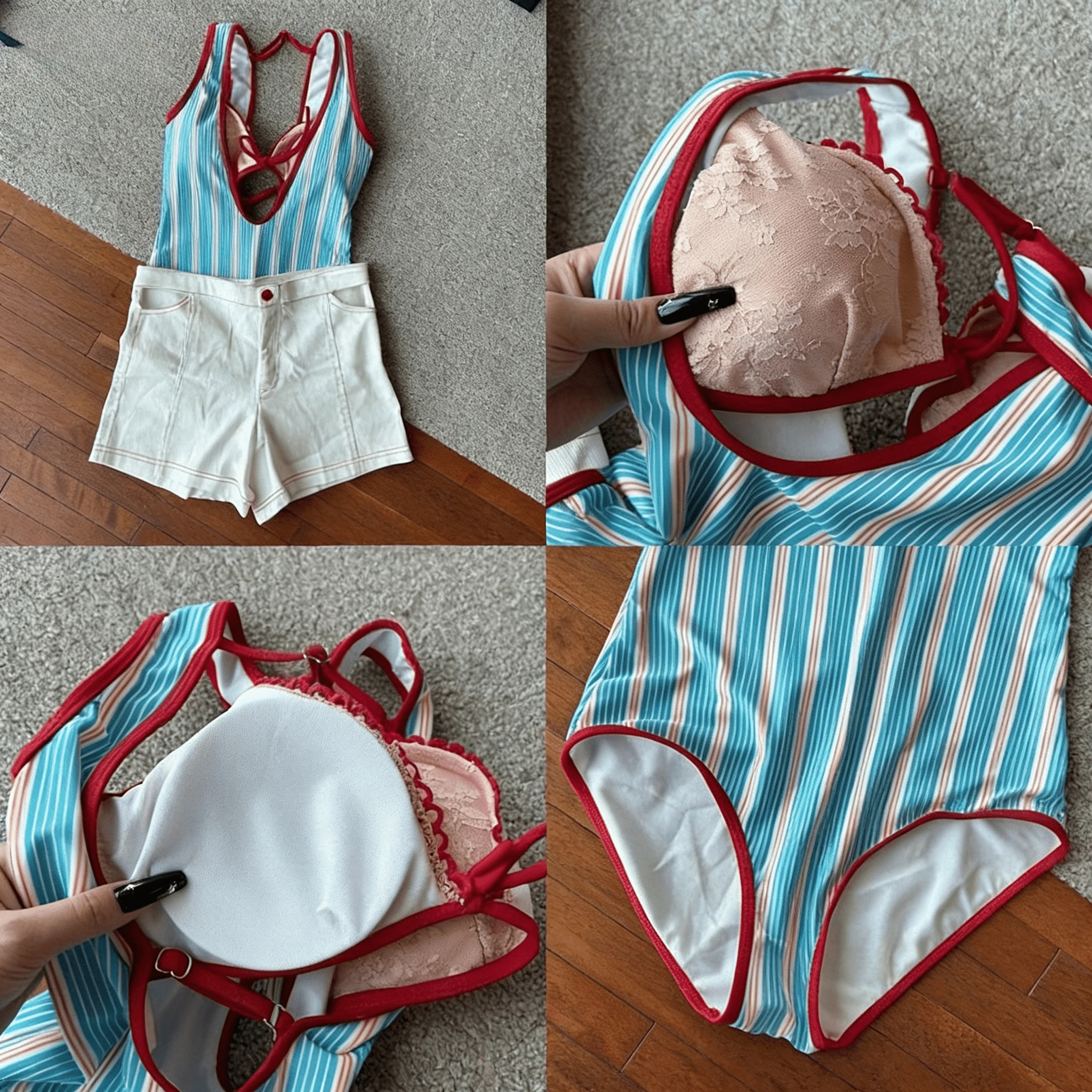 2026 Two Piece Beach Swimsuit Set Women Blue White Striped One Piece Deep V Backless Detail Lace Trim Triangle Bikini Top Summer