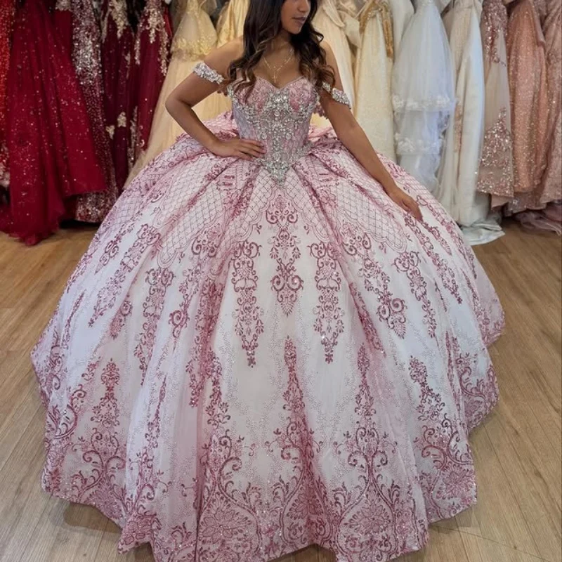 

Shiny Pink Quinceanera Dress off-shoulder Lace crystal glitter decal Bow vestidos de 15 Quinceanera ﻿Customized