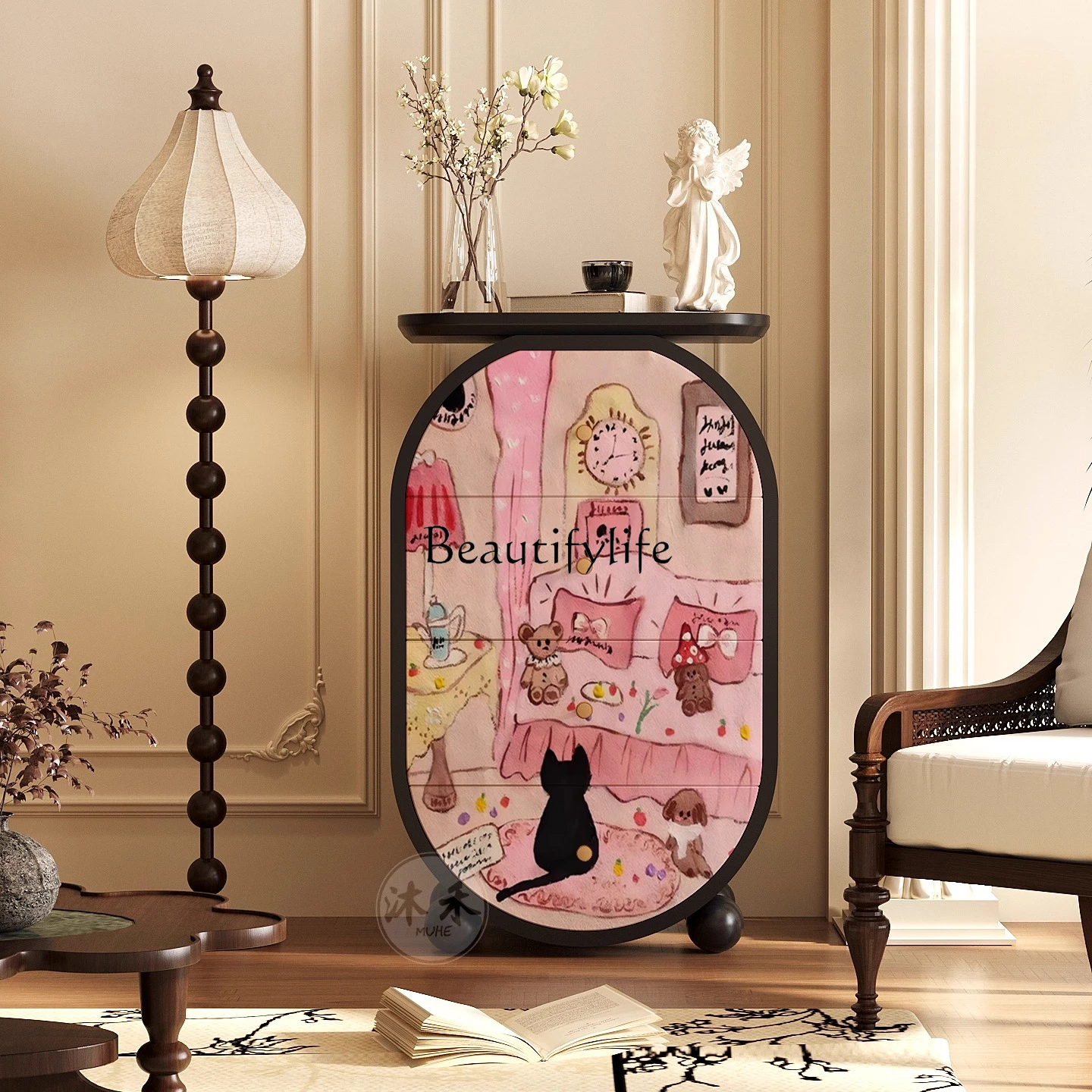 

Dopamine cute kitten solid wood bucket cabinet living room wall integrated storage cabinet